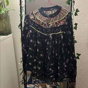 Free People Black Floral Top with Cream and Pink Details